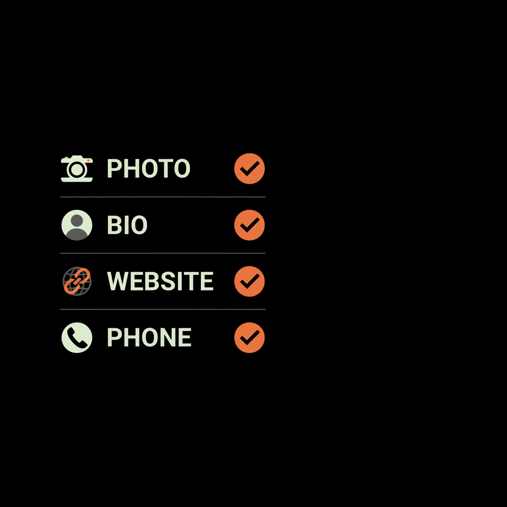 Minimal checklist infographic showing photo, bio, website, phone to get verified on Twitter without being famous on a dark full-bleed background with Social Success Hub brand colors.