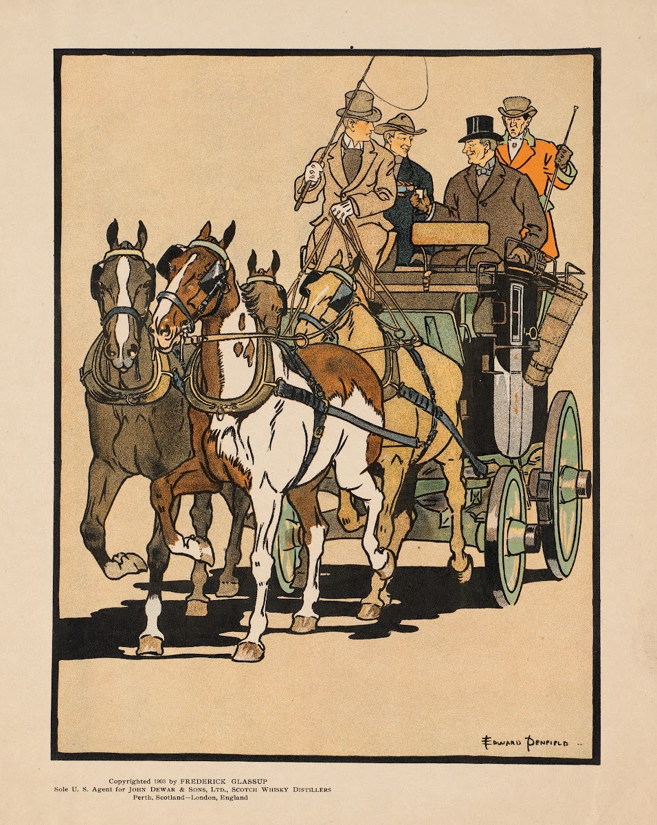 Four men riding on top of a carriage being drawn by four horses 1903