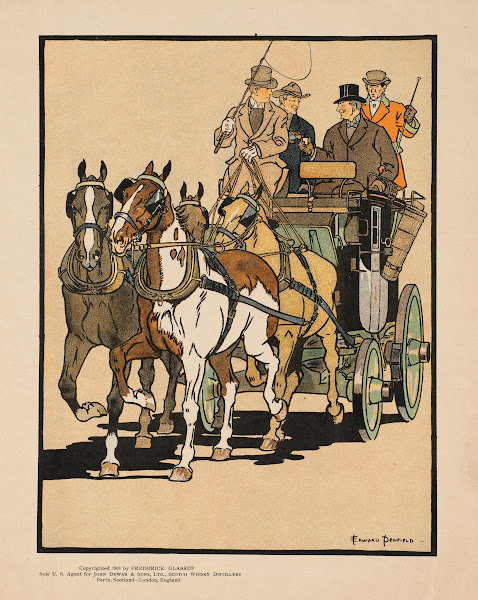 Four men riding on top of a carriage being drawn by four horses 1903