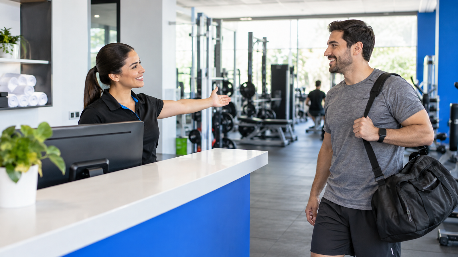 Recepcionista dando la bienvenida a una persona que visita el gimnasio por primera vez.