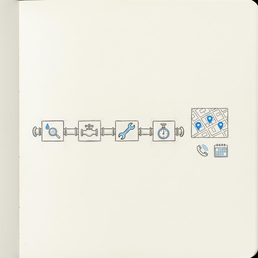How to get more plumbing customers? Close-up notebook-style sketch of a plumbing workflow with pipeline step icons, a small neighborhood map with pins, and phone and calendar icons on a clean white background.