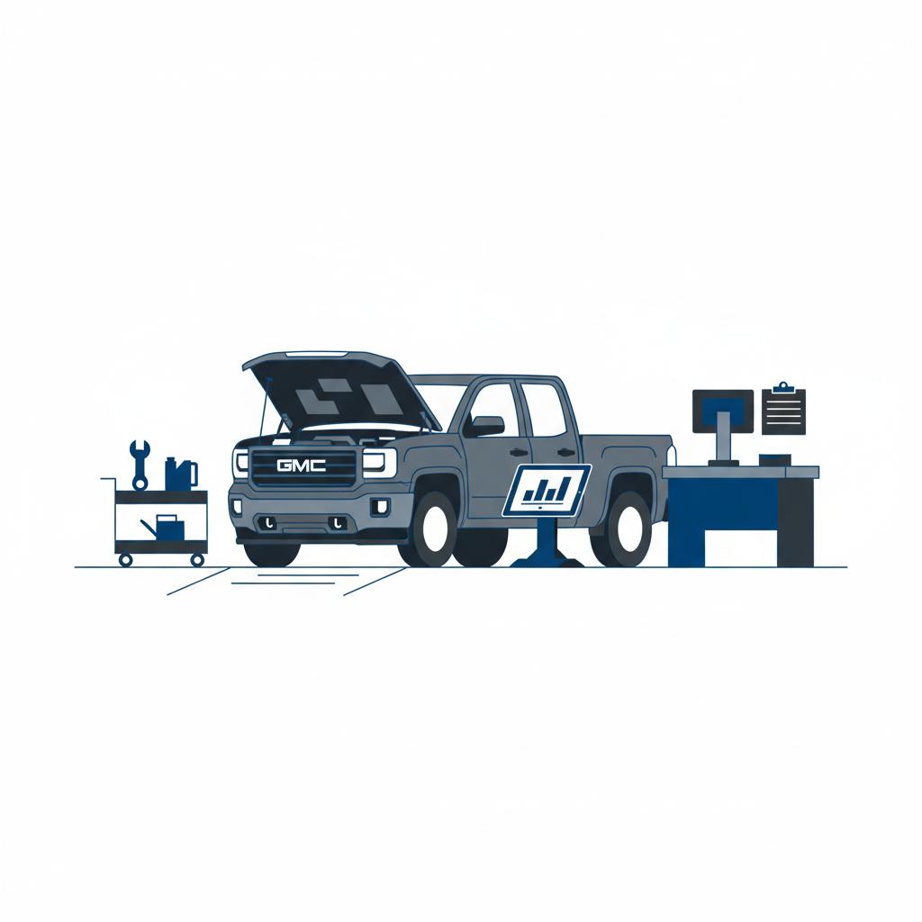 Minimalist vector service entrance with vehicle in bay open hood diagnostic tablet and service desk conveying transparency and maintenance gmc car dealership near me