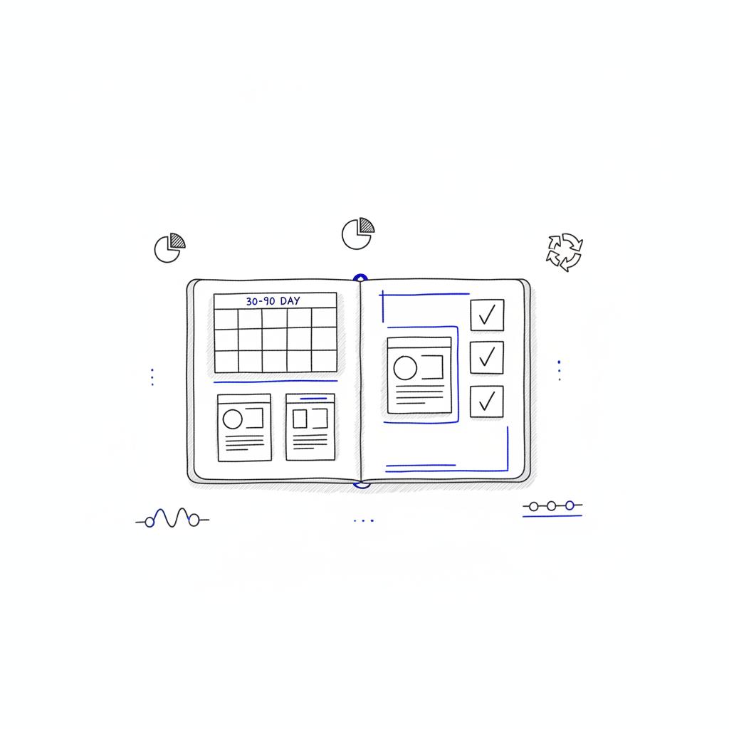 Minimal 2D vector notebook page with a hand-drawn 30&ndash;90 day calendar, social post templates, and checked boxes on white background &mdash; free advertising ideas for small business