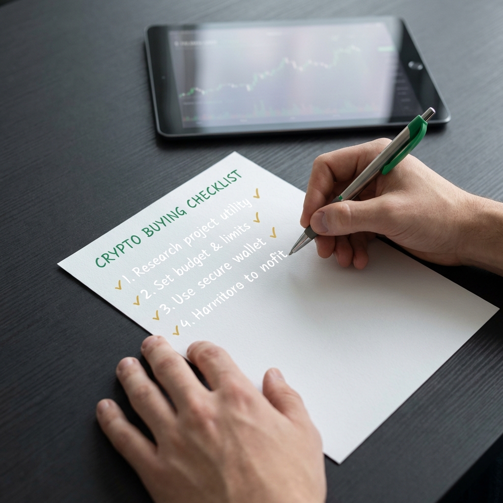 Close up of hands writing a simple crypto buying checklist on paper with a tablet showing a faint market graph illustrating crypto market today in Finance Police brand colors