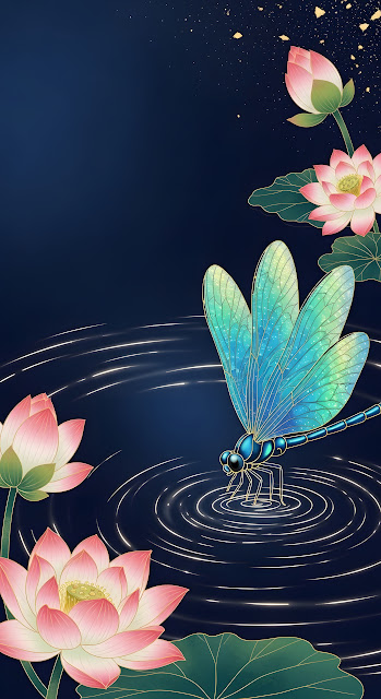 Iridescent Dragonfly Over Blooming Lotus Pond - Free mobile Wallpaper