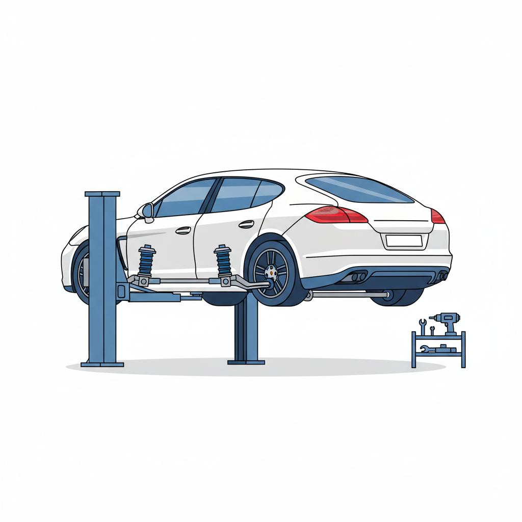 Minimalist vector illustration of a Porsche Panamera on a lift showing an exposed air suspension component in a clean white workshop with blue accents porsche panamera for sale