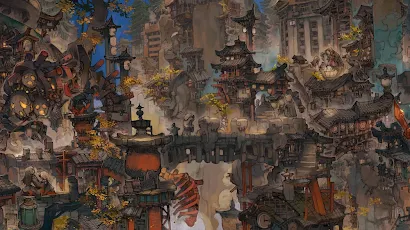 Pengfei Yan, Illustration, Pencil Drawing, Chinese Architecture, Fantasy City 4K Wallpaper Background