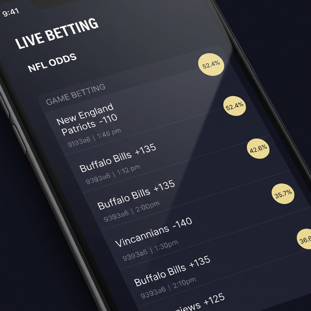 Close up mobile app screen showing American odds with a small overlay converting odds to implied probability clean dark interface for straight bets