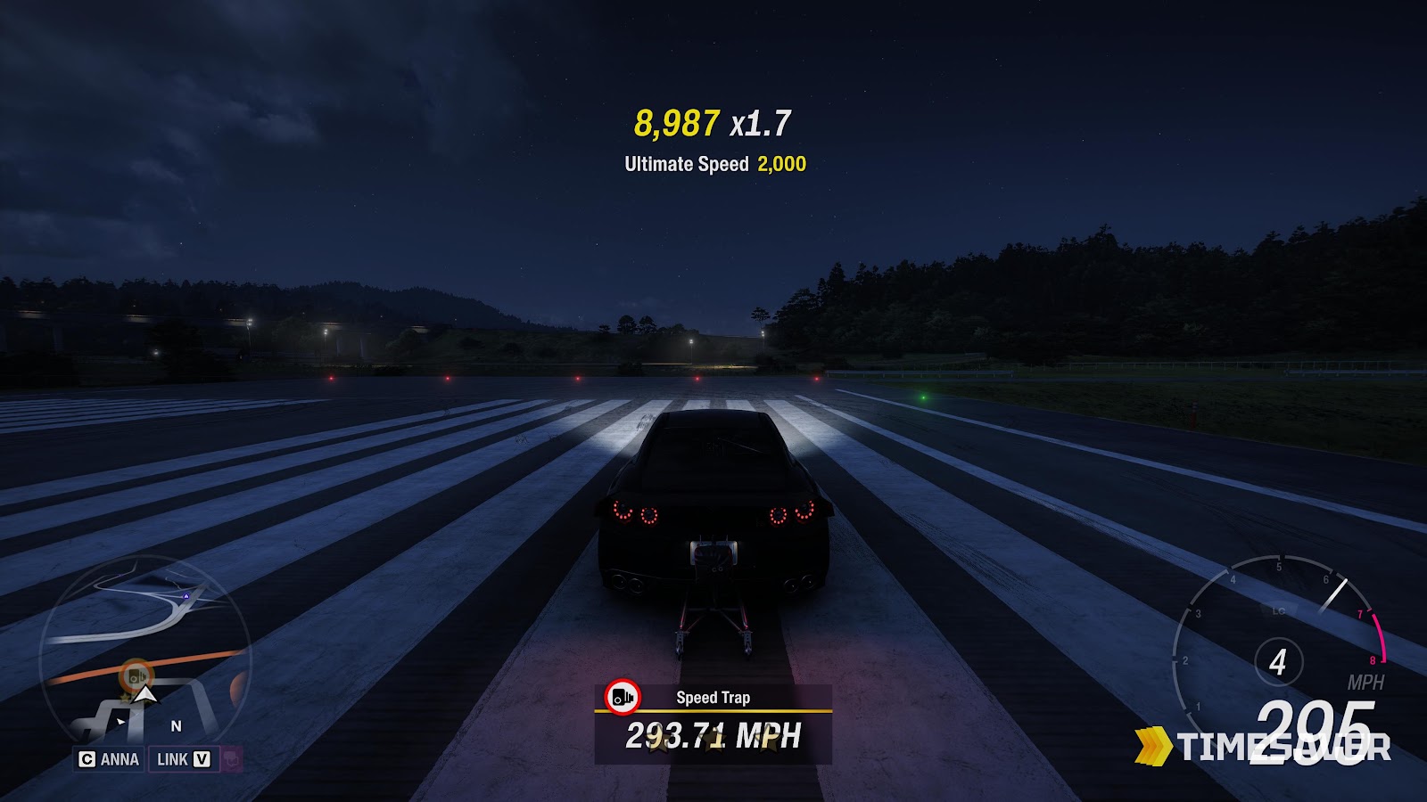 A Forza Horizon 6 Speed Trap registering 293.71 MPH on an airfield runway at night