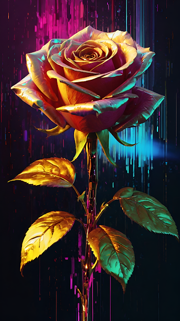 Iridescent Metallic Rose Digital Sculpture Art Neon Lighting - Free mobile Wallpaper
