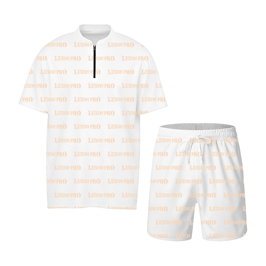 Stand-up Collar Zip-up Polo Shirt + Plain Beach Shorts - Bird's-eye Fabric