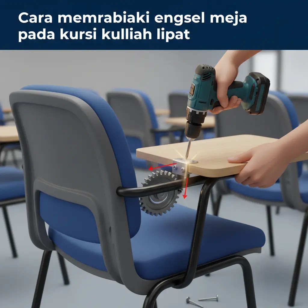 Cara memperbaiki engsel meja pada kursi kuliah lipat