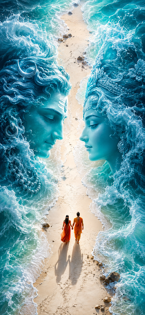 Divine Deities Manifesting in Coastal Ocean Waves with Couple Below - Free mobile Wallpaper