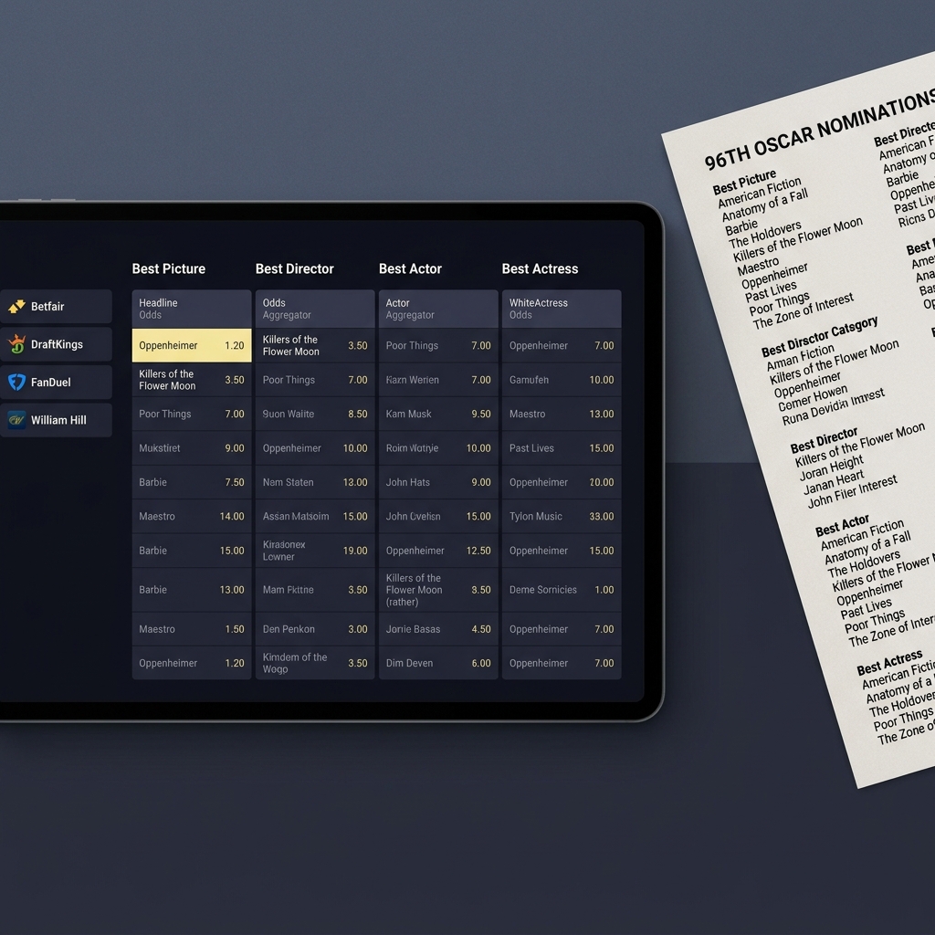 Flat lay screenshot style odds aggregator next to printed Oscars nominations list with legible odds columns bookmaker logos and pale gold accents for a clean professional oscars betting editorial image