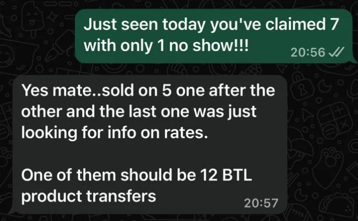 1 day, 7 appointments, 6 shows, 5 sales inc 1 for 12 BTL PTs