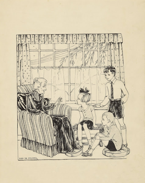 Interieur met een oude vrouw en drie kinderen 1928 1941