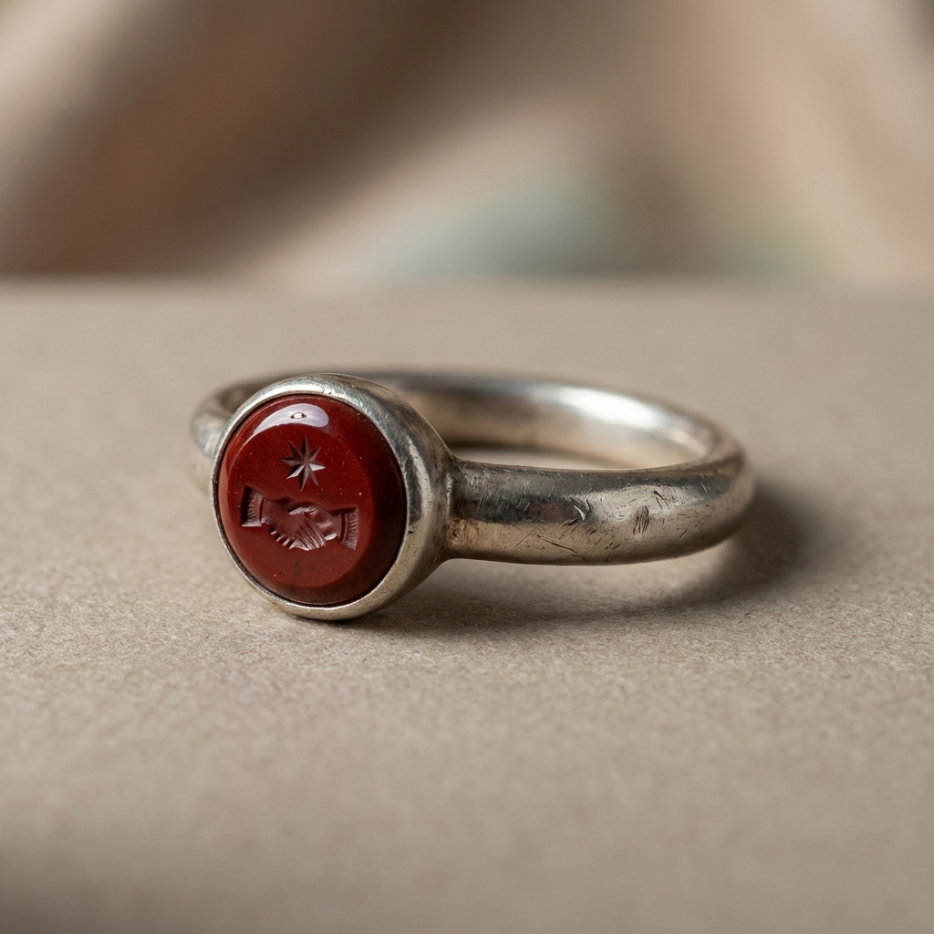 Close up of an ancient roman wedding ring with an engraved red jasper intaglio set in a worn silver bezel showing visible wear and patina on the hoop on a neutral beige background