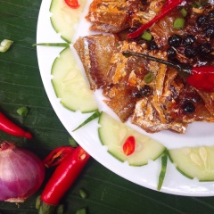 Chỉ trong chốc lát thì nồi cá khô kho đã hoàn tất. Dùng dưa leo cắt lát để trang trí và rắc 1 ít hành lá lên trên mặt. Khô cá hố kho sẽ dậy mùi thơm đặc trưng, một chút đỏ của ớt, một ít màu cánh gián của đường sẽ bao bọc từng miếng khô mềm mềm đậm đà. Sẽ ngon hơn khi ăn cùng cơm trắng nóng hổi, vừa thổi vừa ăn, ăn kèm với dưa leo giòn giòn tươi mát giúp cho bữa cơm gia đình sẽ càng thú vị hơn. Chúc mọi người ngon miệng nhé!