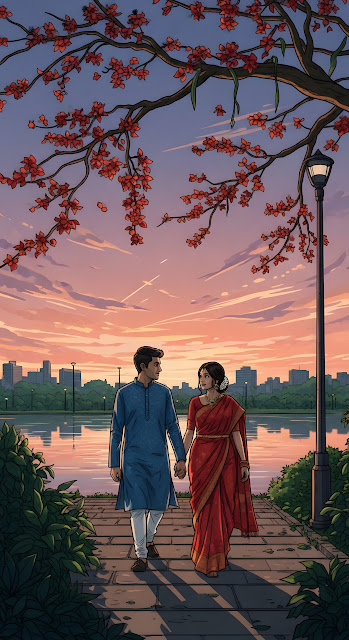 Romantic Indian Couple Stroll at Sunset Park Illustration - Free mobile Wallpaper