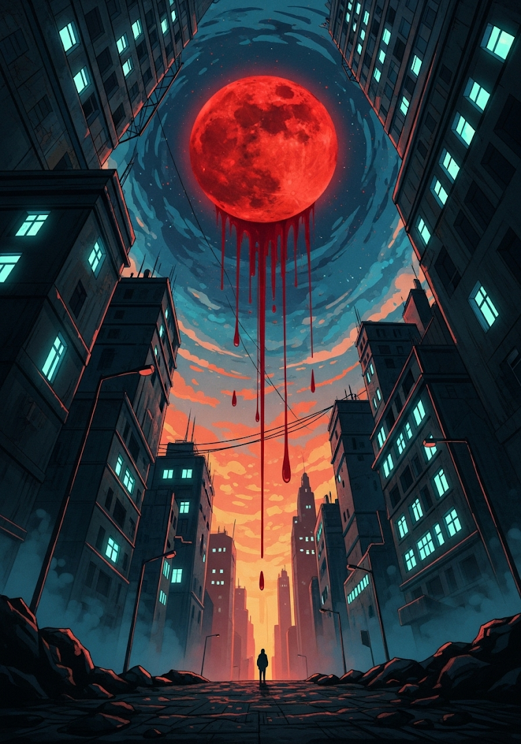 Dystopian City Red Moon Bleeding Sky Sci-Fi Art