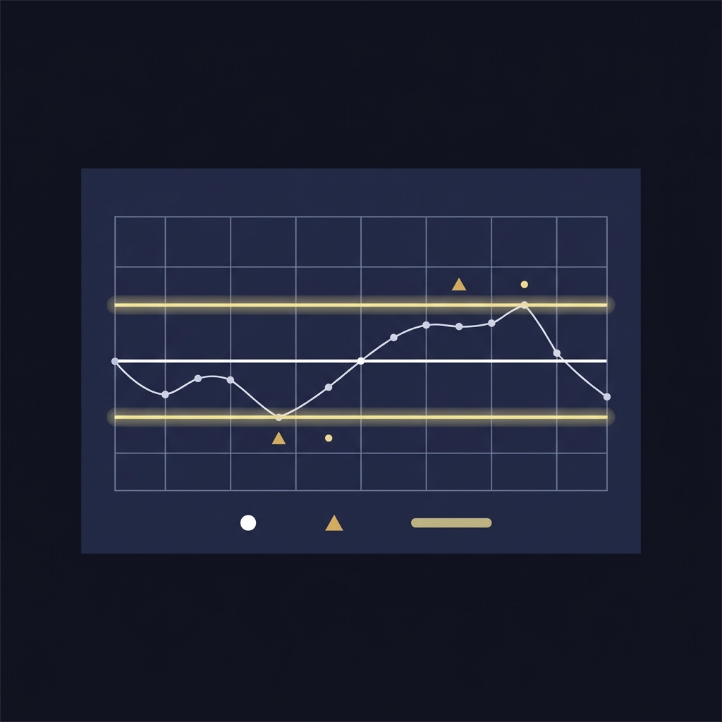 Minimal 2D vector run chart with baseline control limits and event markers illustrating How to Track Your Progress During an Evaluation using Funded Plays color palette
