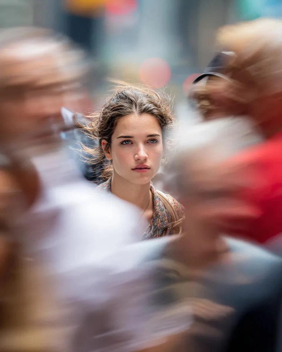 Modelo mirando a la cámara, primer plano de su rostro, calle concurrida de Nueva York, personas cruzando el cuadro con efecto de desenfoque de movimiento, 200 mm...