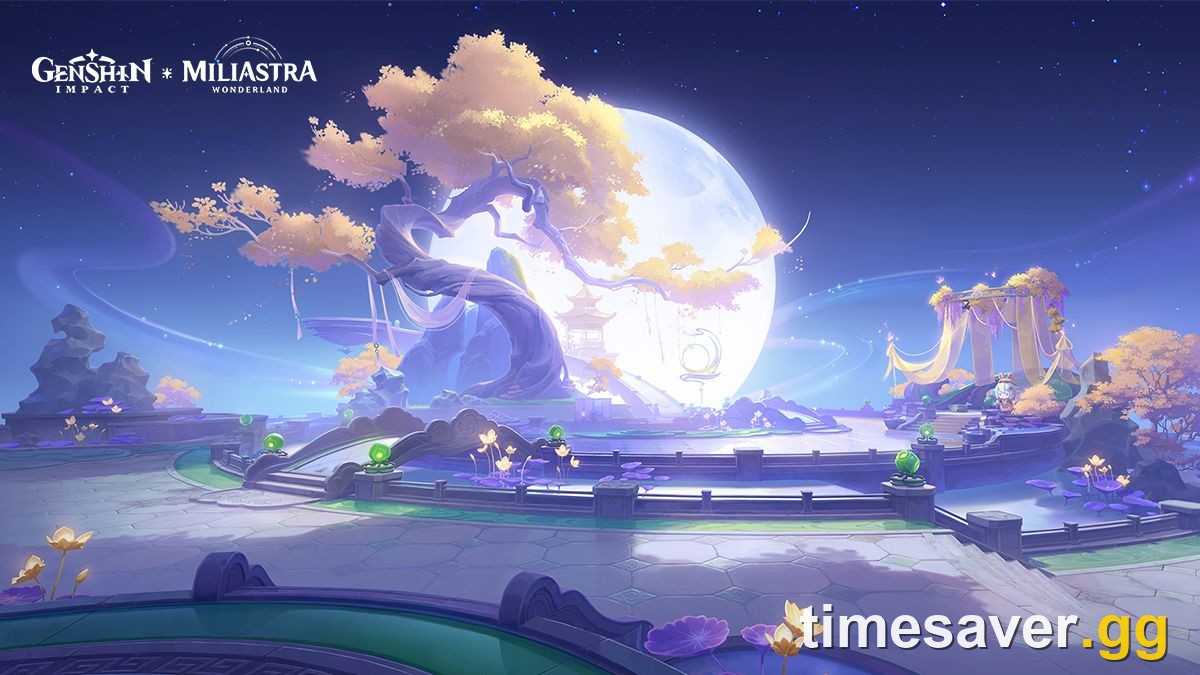 Official Genshin Impact Version 7.1 Miliastra Wonderland preview art showing a moonlit Wonderland lobby with a golden tree, stone terraces and a pavilion