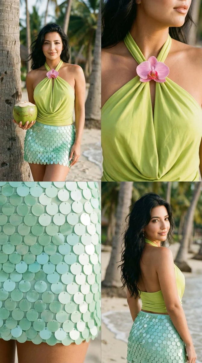 Editorial de moda de lentejuelas color lima en una playa tropical