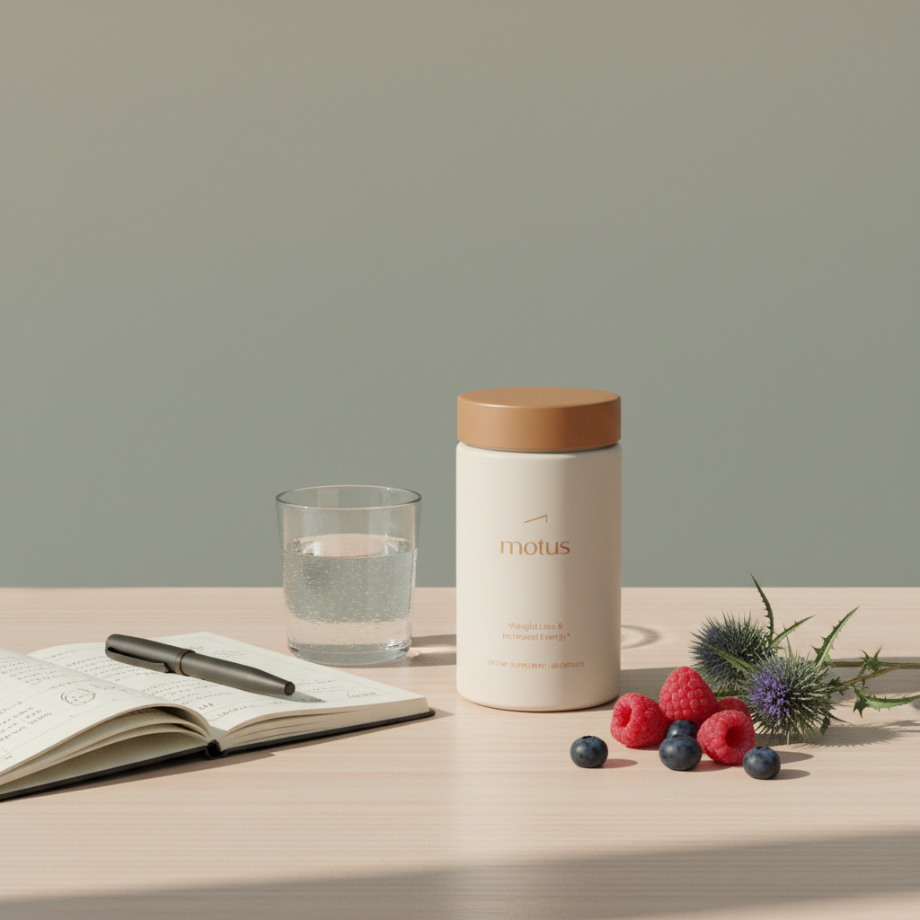 Minimalist product photo of Tonum Motus bottle on wooden table with notebook, pen, glass of water and berries, styled for weight loss and Ozempic context.
