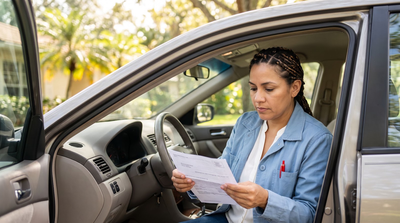 Conductora revisando una multa en su auto antes de pagar para evitar problemas con el seguro auto multa zona escolar florida