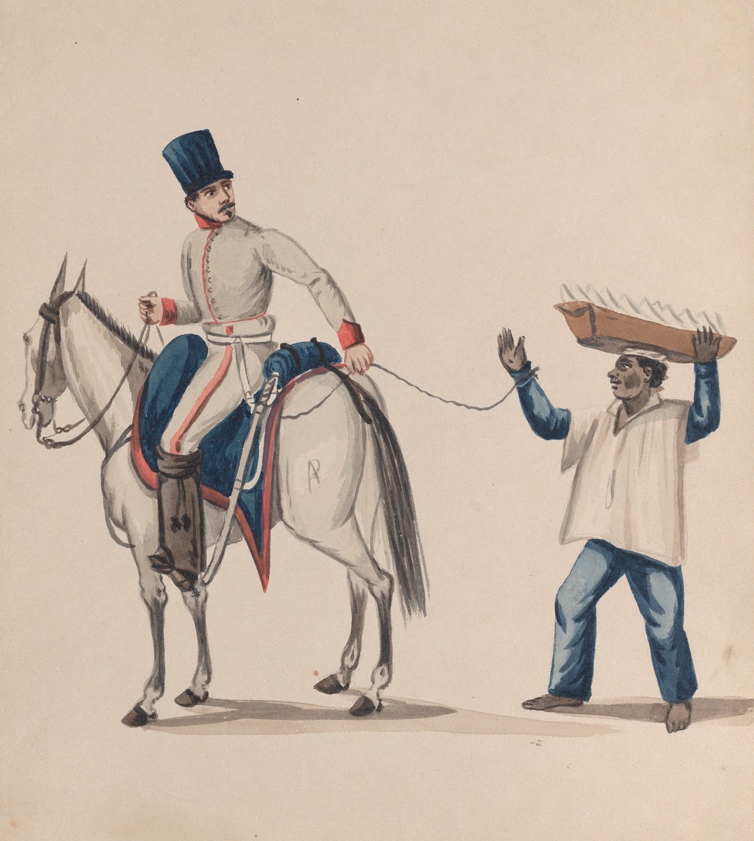 A soldier on horseback holding a rope that secures an enslaved indigenous man wh