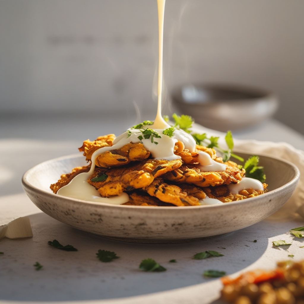 Spiced Chickpea & Sweet Potato Power Fritters with Creamy Harissa Yogurt