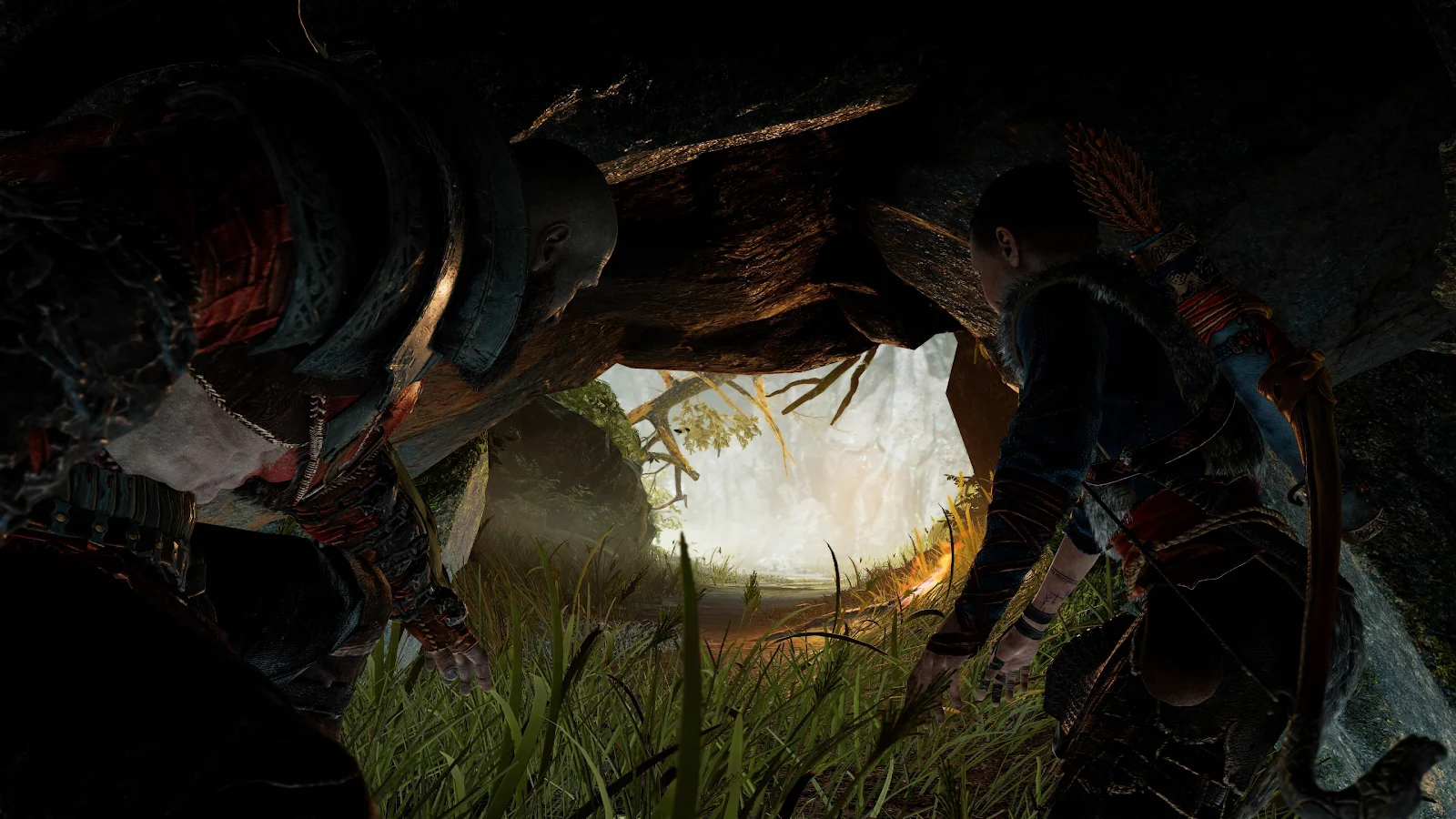 Kratos And Atreus Exploring Cave Exit - Video Game Still 4K Wallpaper (3840x2160)