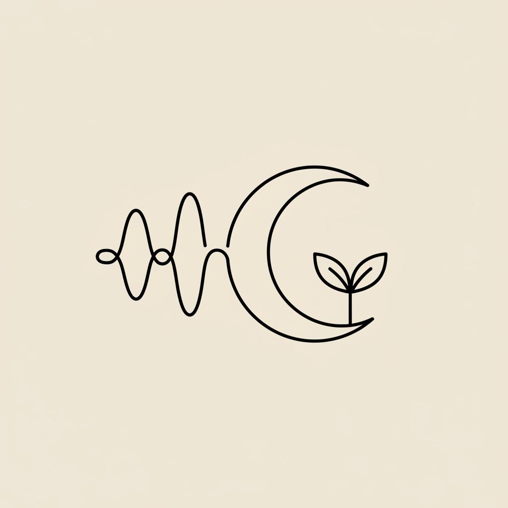 Tonum-style line icon of a sound wave morphing into a sleeping crescent moon and small plant on beige background — At what age can early-onset Alzheimer's start?