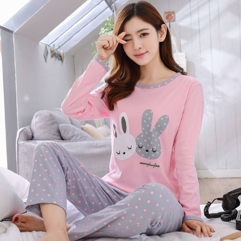 Damen-Pyjama-Set, Langarm, Cartoon-Muster, süß