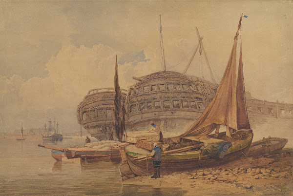 Coastal Scene with Beached Boats in Foreground earlymid 19th century