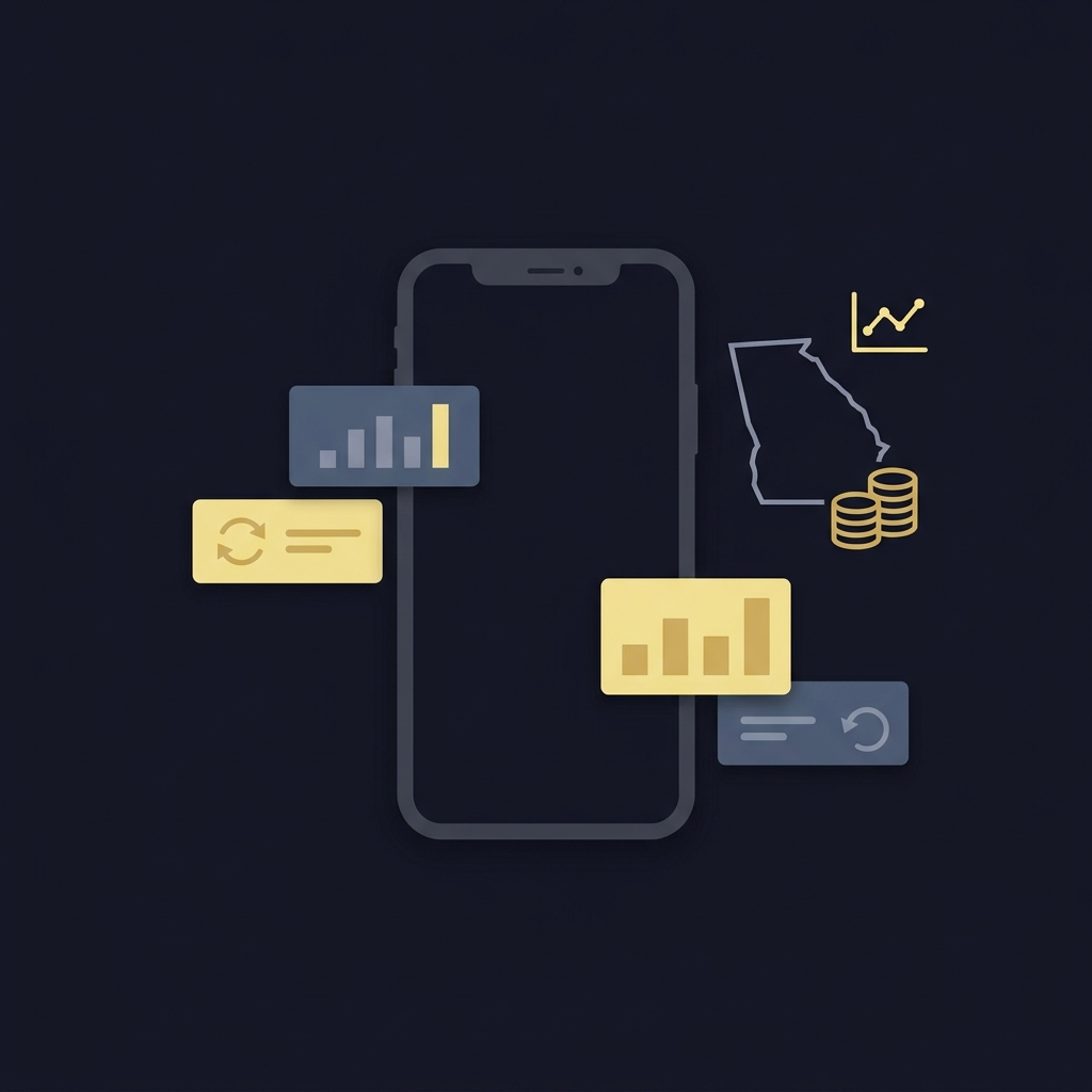 Minimal vector illustration of a smartphone and Georgia state silhouette representing georgia betting apps in Funded Plays brand colors
