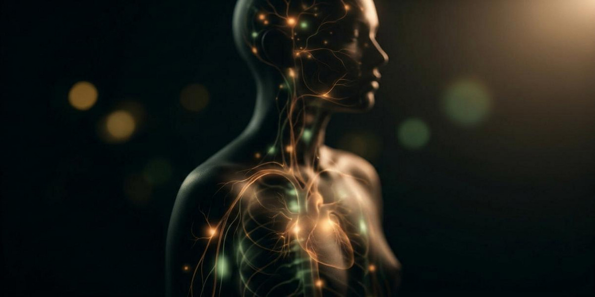 Immagine concettuale degli effetti dell'H2CBN, silhouette umana con aree evidenziate e effetti luminosi.