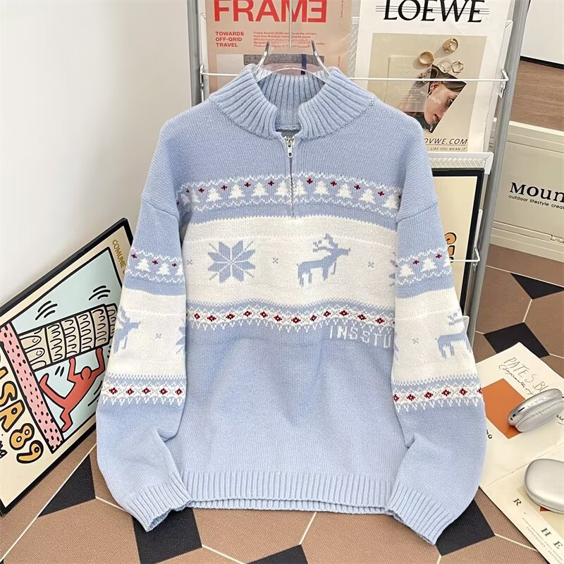 Knitted pullover with half zipper
