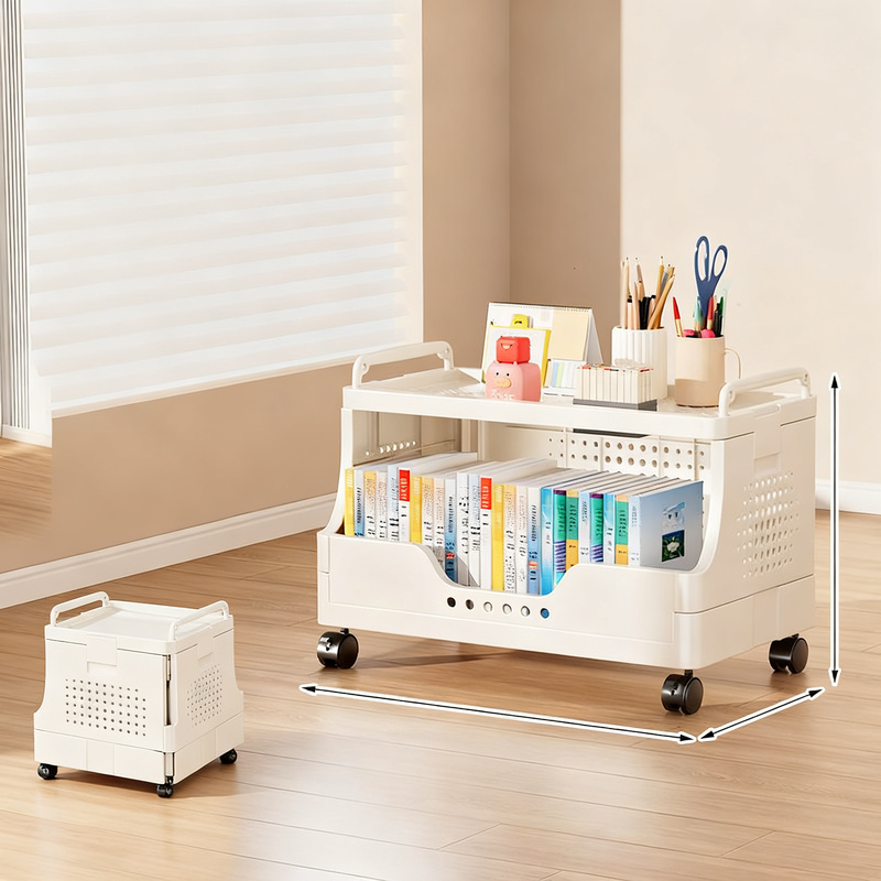 Plastic bookcase with wheels, multi-layered