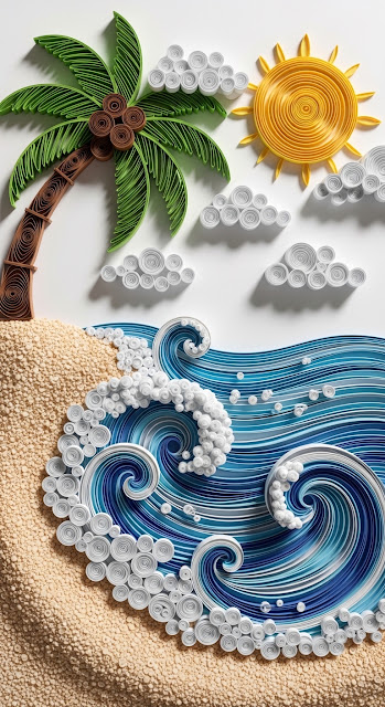 3D Paper Quilling Art of a Tropical Beach Scene with Sun and Rolling Waves - Free mobile Wallpaper