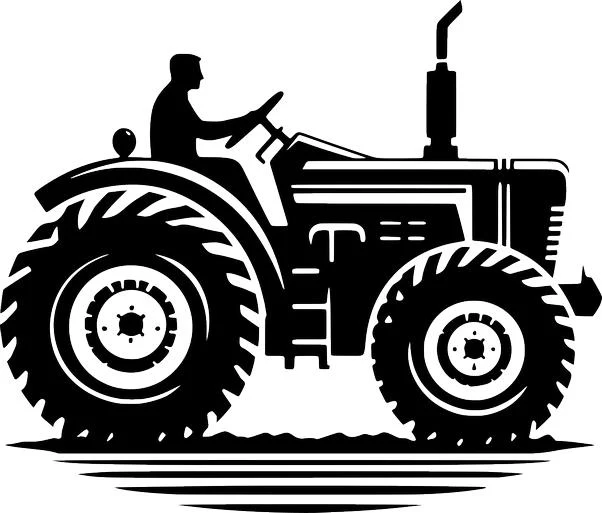 Black and white silhouette of a farmer driving a vintage farm tractor, viewed from the side.
