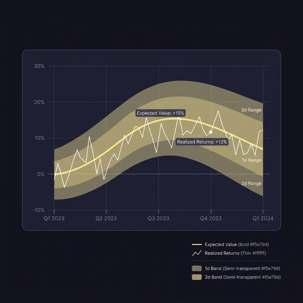 Clean full frame infographic showing rolling window charts with expected value curve realized returns line and shaded standard deviation bands annotated for clarity What Is Sports Trading Variance