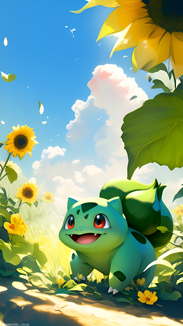 Bulbasaur Smiling Among Sunflowers Under Blue Sky - Free mobile Wallpaper