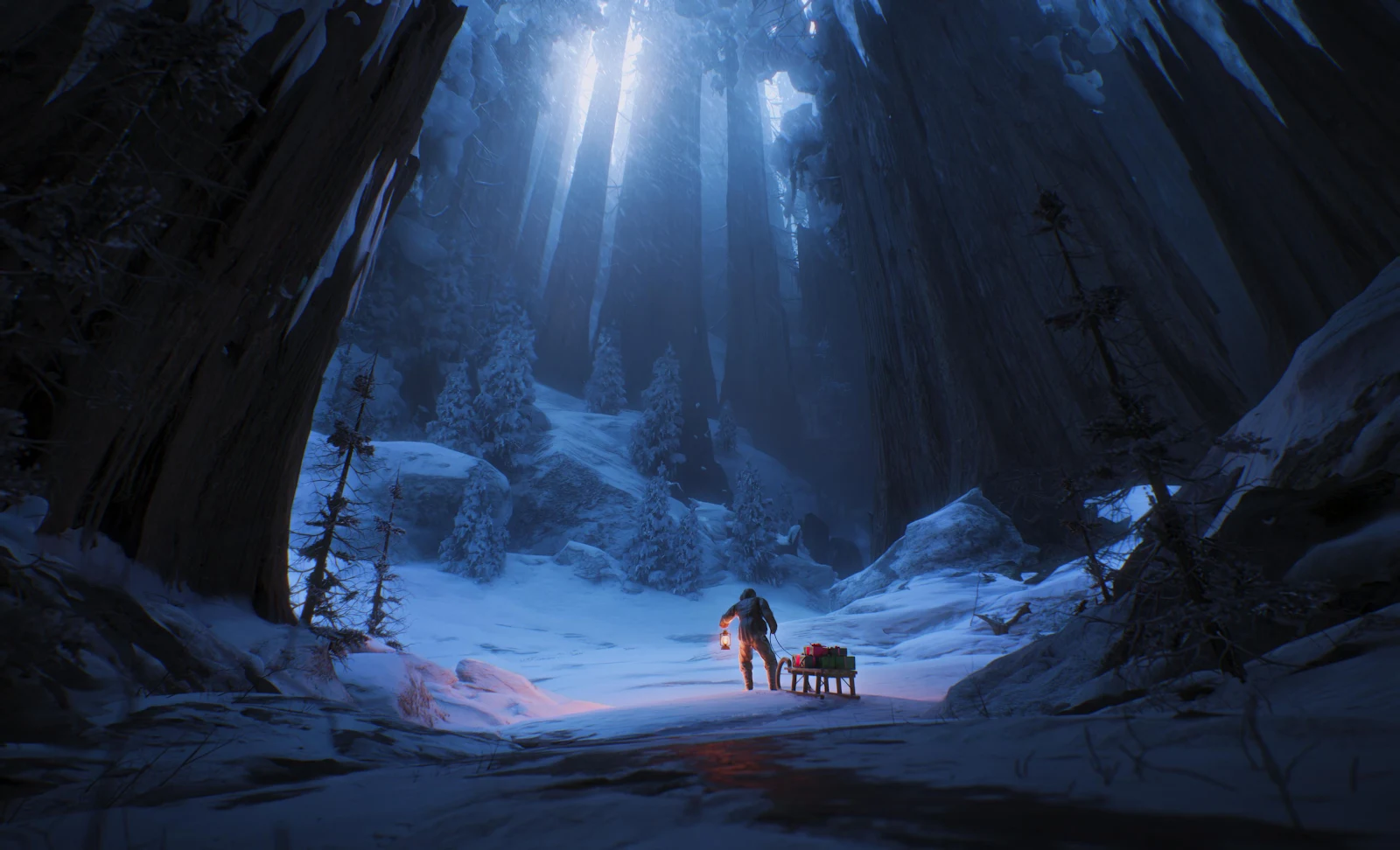 Lone Traveler In Deep Winter Canyon - Cinematic Digital Art 4K Wallpaper (3840x2333)