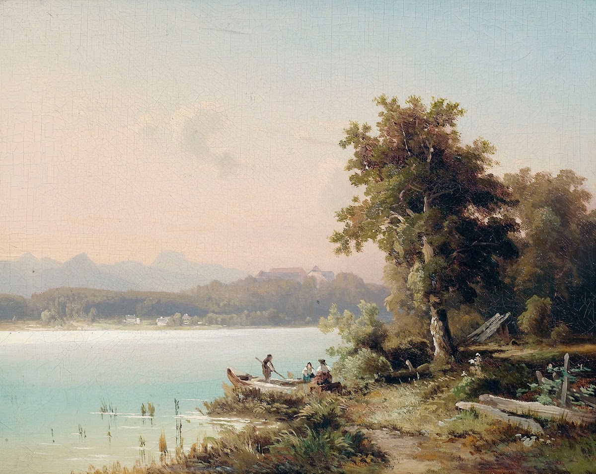 Partie am Chiemsee mit Blick auf die Herreninsel am frühen Morgen 1874