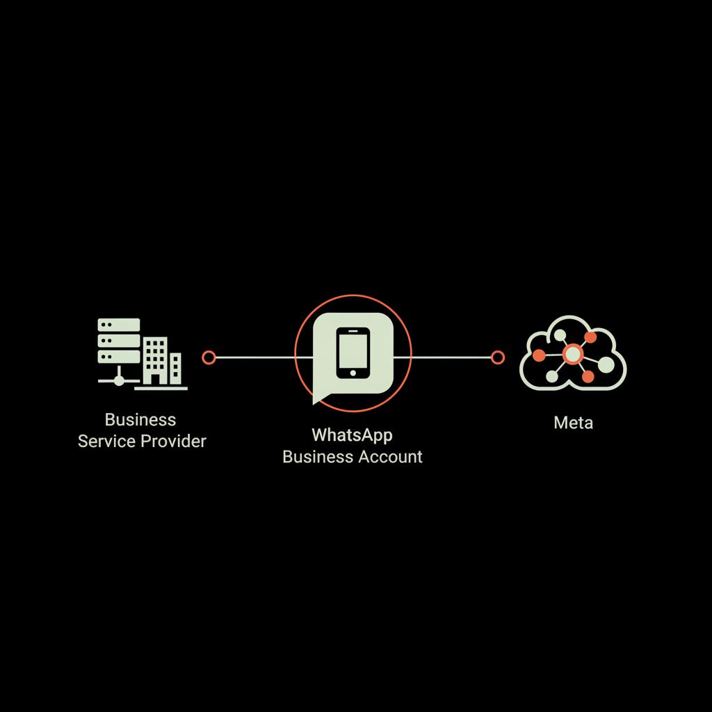 Minimal 2D vector diagram showing a WhatsApp Business Account node linked to a BSP node and a Meta node on a black background using branded colors, no text — get verified on WhatsApp Business