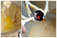 Trong 1 thau lớn, cho vào 175g bơ mềm, 100g đường trắng và 100g đường nâu. Dùng máy trộn đều cho thành hỗn hợp đồng nhất. Thêm 2 quả trứng gà và 2 muỗng cà phê vani vào hỗn hợp bơ đường, tiếp tục trộn cho hỗn hợp quyện đều.