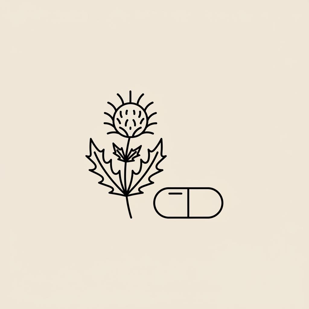 Minimal Tonum-style line illustration of a milk thistle flower with a single capsule on a beige background, representing milk thistle and estrogen.