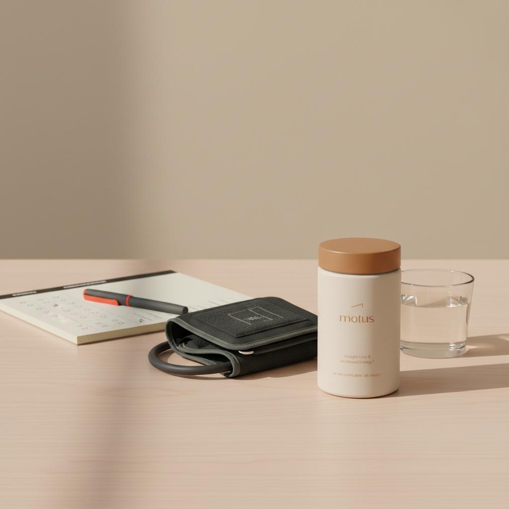 Tonum Motus container on a wooden home-clinic table with clinician checklist and blood pressure cuff in a calm minimalist health setting — phentermine combinations